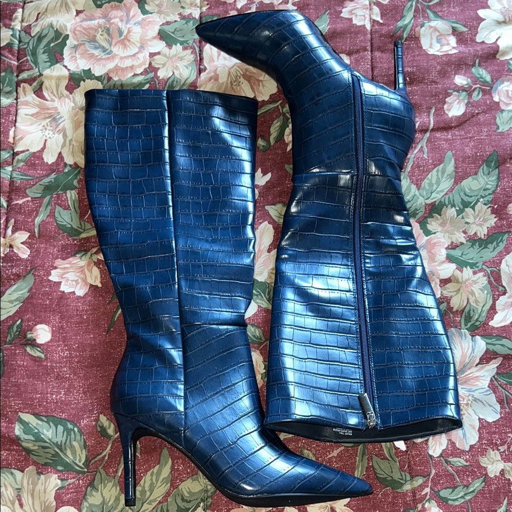 JustFab Shiny Blue Croc Heeled Boots